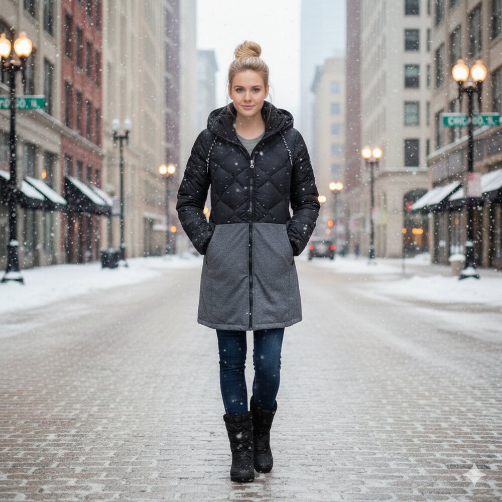 Eddie Bauer Two-Tone Hybrid Down Hooded Puffer Coat